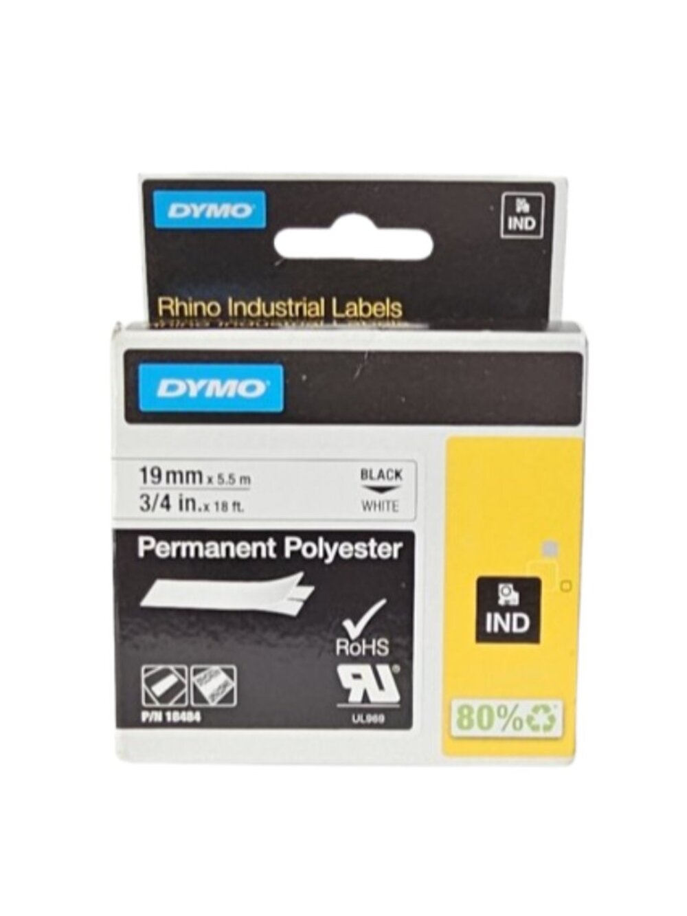 DYMO Rhino Permanent Poly Industrial Label Tape 3/4" x 18 ft Blk Prt/White Tape